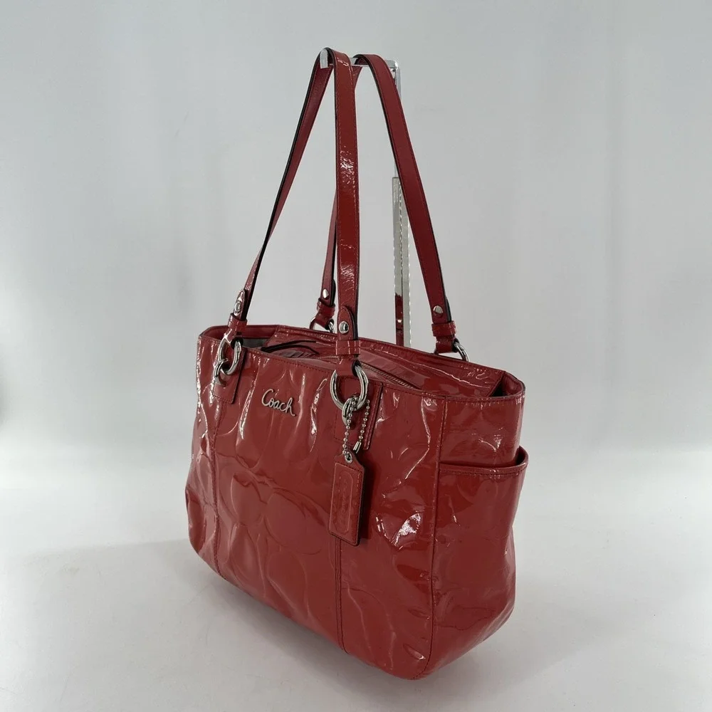 Coach Signature Embossed Patent Leather Coral Orange Satchel Tote Coral Orange